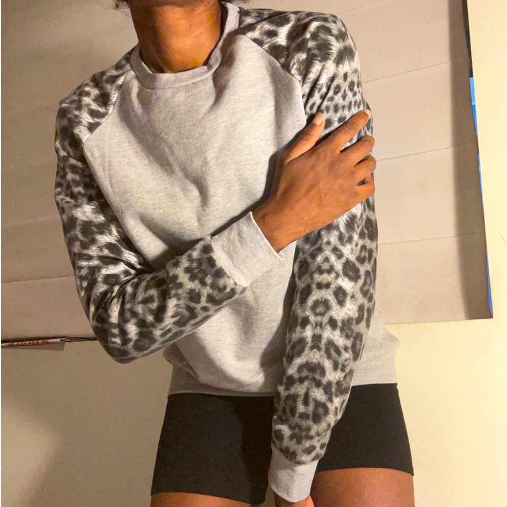 21 Men Crewneck Sweater with Animal Print Sleeves in Grey
